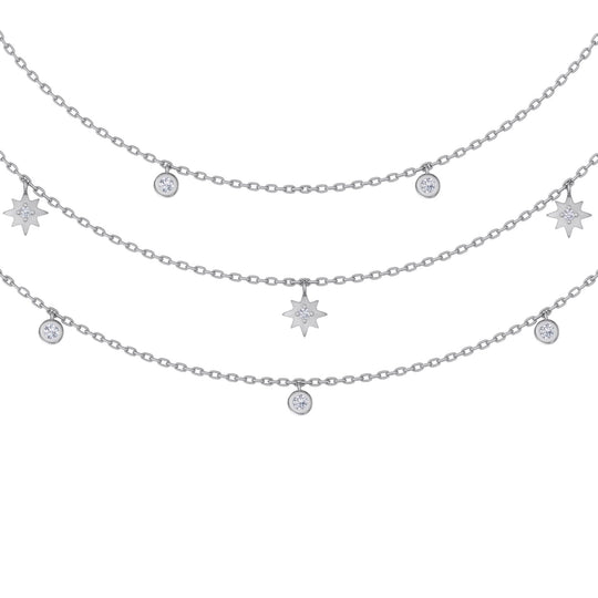 Multi-strand necklace with stars in white gold with white diamonds of 0.27 ct in weight - HER DIAMONDS®