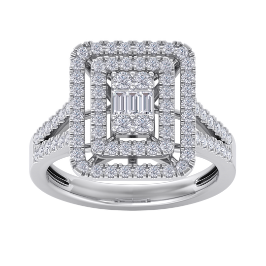 Square diamond ring with split shank in white gold with white diamonds of 1.02 ct in weight