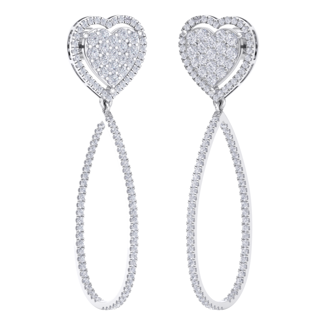 Dangle hoop earrings with hearts in white gold with white diamonds of 1.42 ct in weight