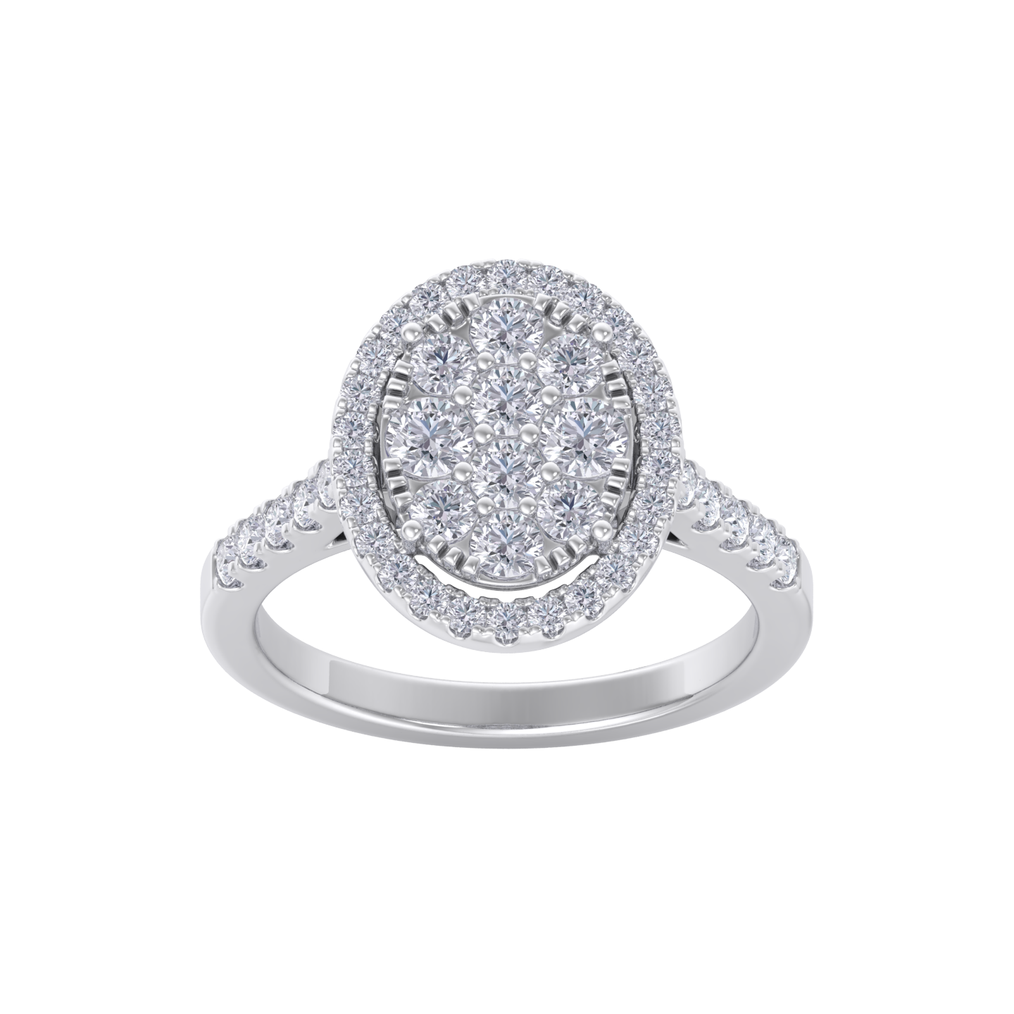 Oval cluster ring in white gold with white diamonds of 1.02 ct in weight
