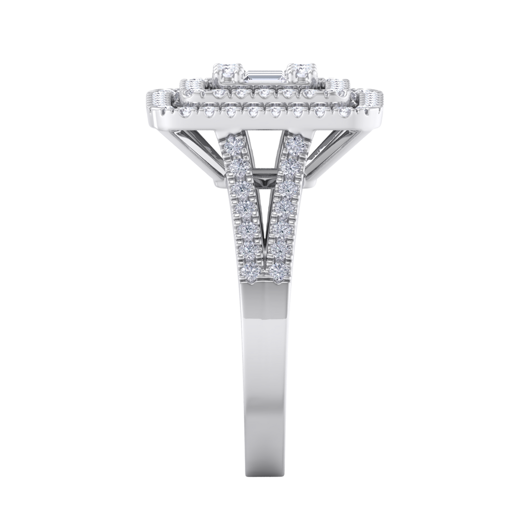 Square diamond ring with split shank in white gold with white diamonds of 1.02 ct in weight