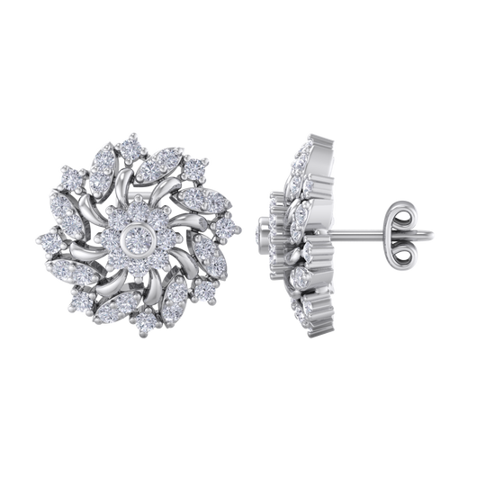 Flower stud earrings in white gold with white diamonds of 1.13 ct in weight