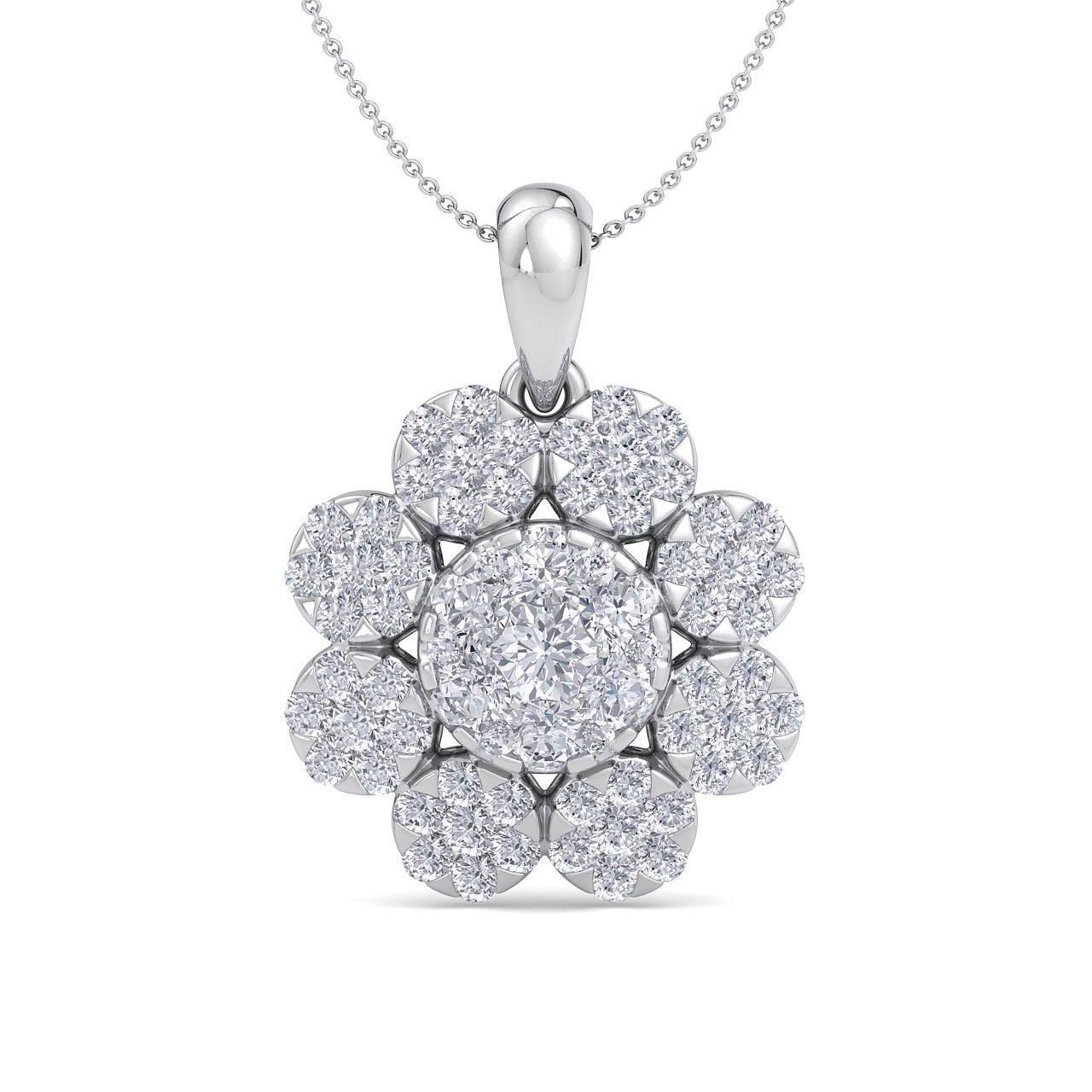 Flower shaped pendant in white gold with white diamonds of 1.84 ct in weight - HER DIAMONDS®