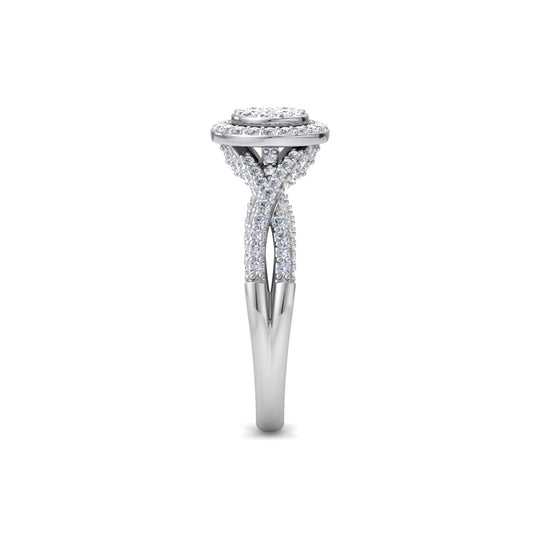 Round cluster engagement ring in white gold with petite white diamonds of 0.76 ct in weight