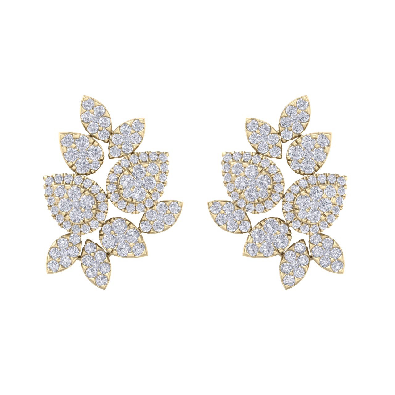 Flower shaped stud earrings in yellow gold with white diamonds of 3.11 ct in weight