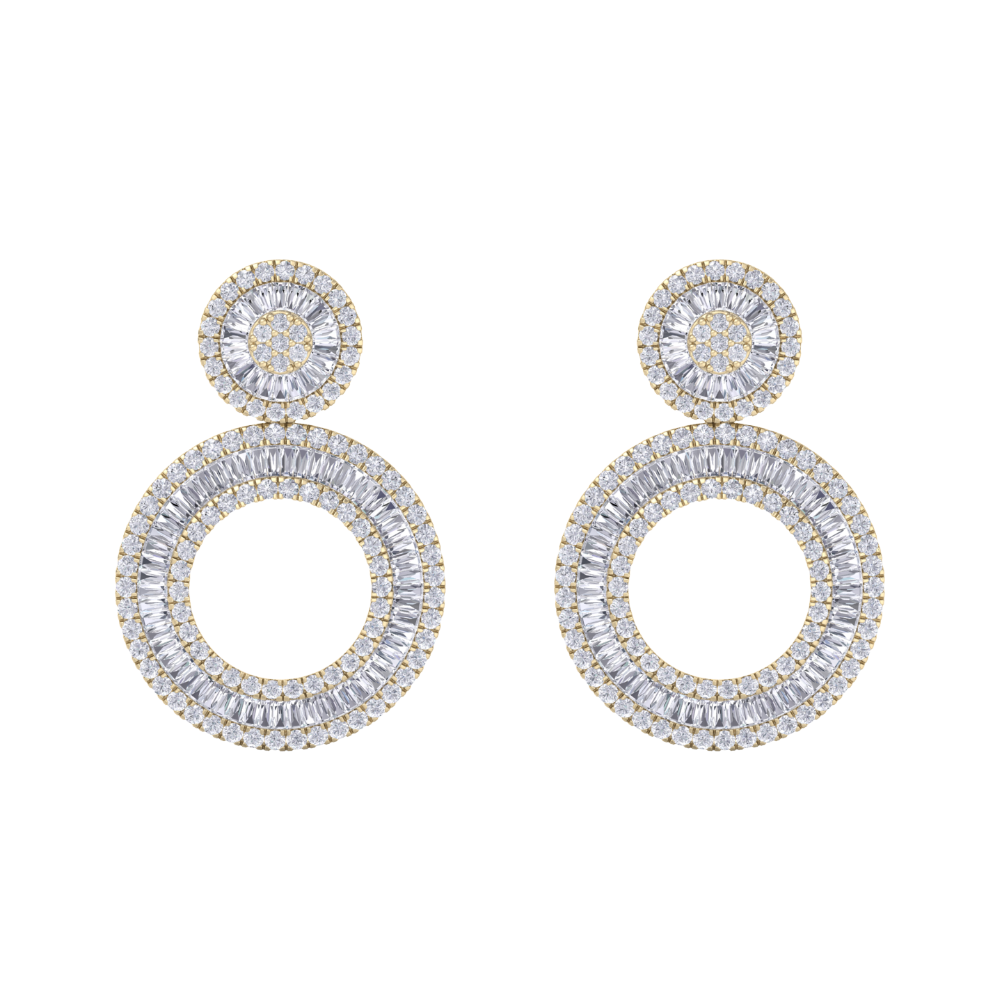 Round dangle earrings in yellow gold with white diamonds of 7.27 ct in weight