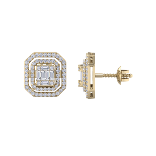 Square stud earrings in yellow gold with white diamonds of 0.87 ct in weight