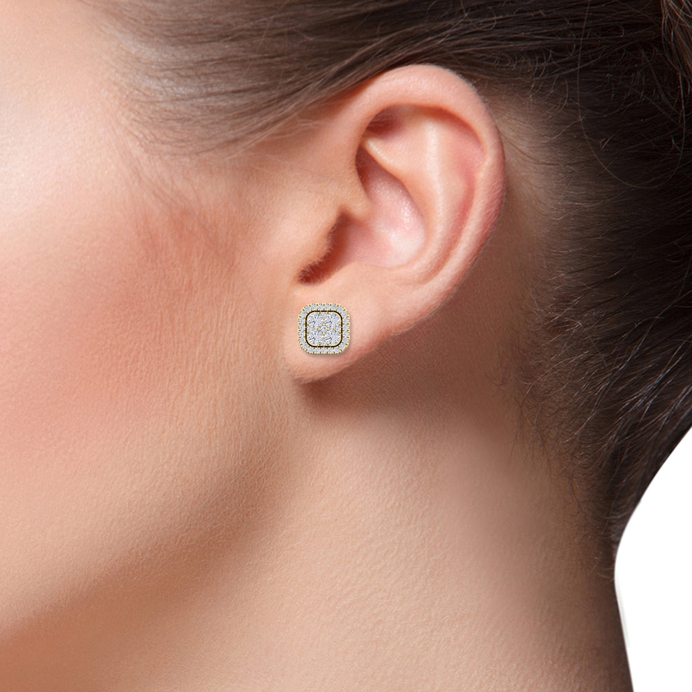 Square cluster stud earrings in yellow gold with white diamonds of 1.00 ct in weight
