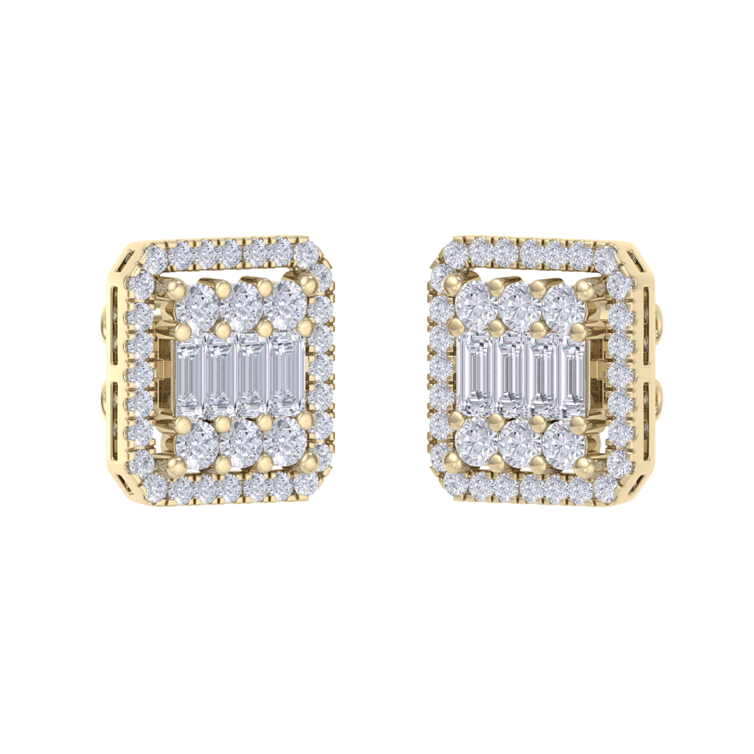 Square earrings in yellow gold with baguette white diamonds of 0.89 ct in weight
