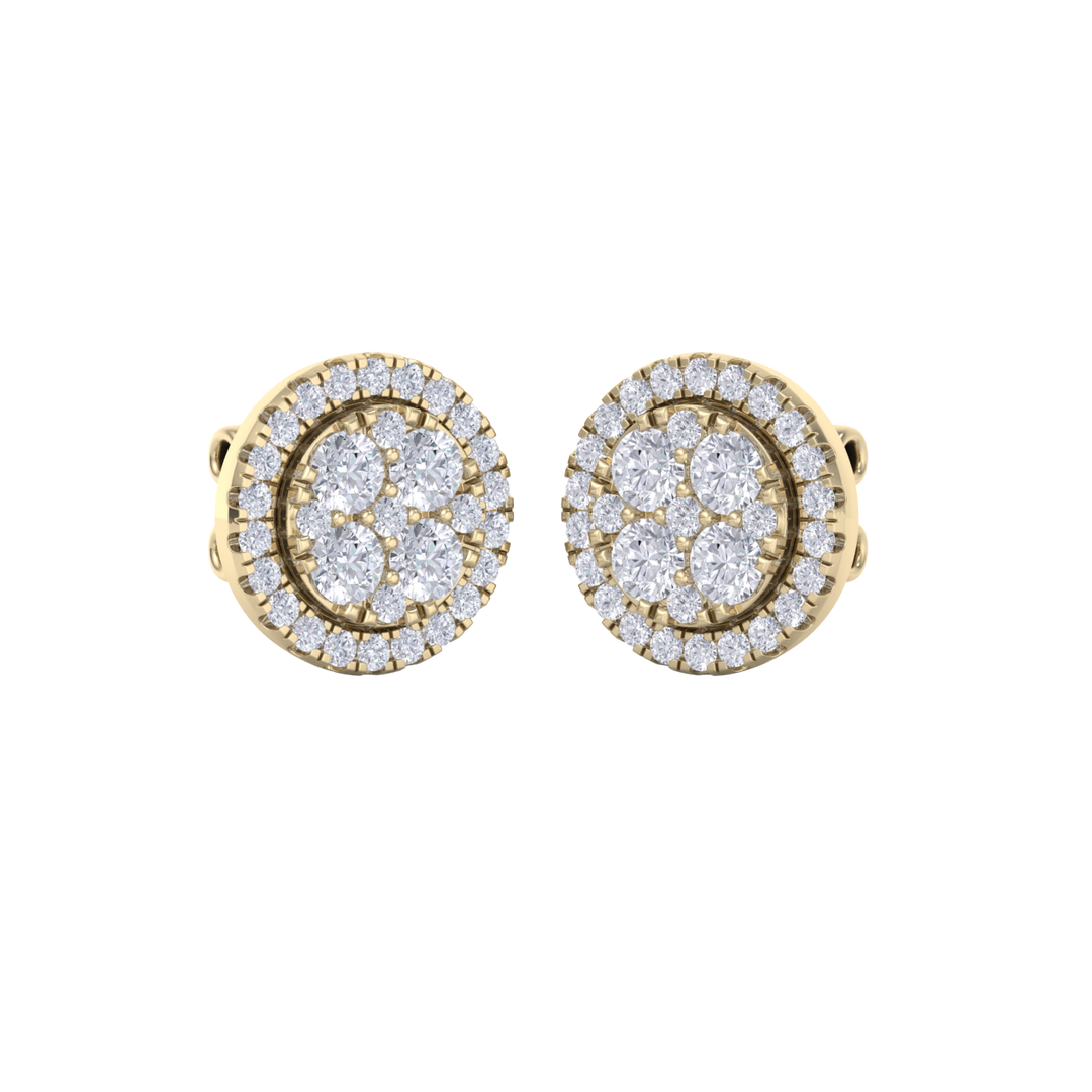 Round cluster stud earrings in yellow gold with white diamonds of 0.98 ct in weight