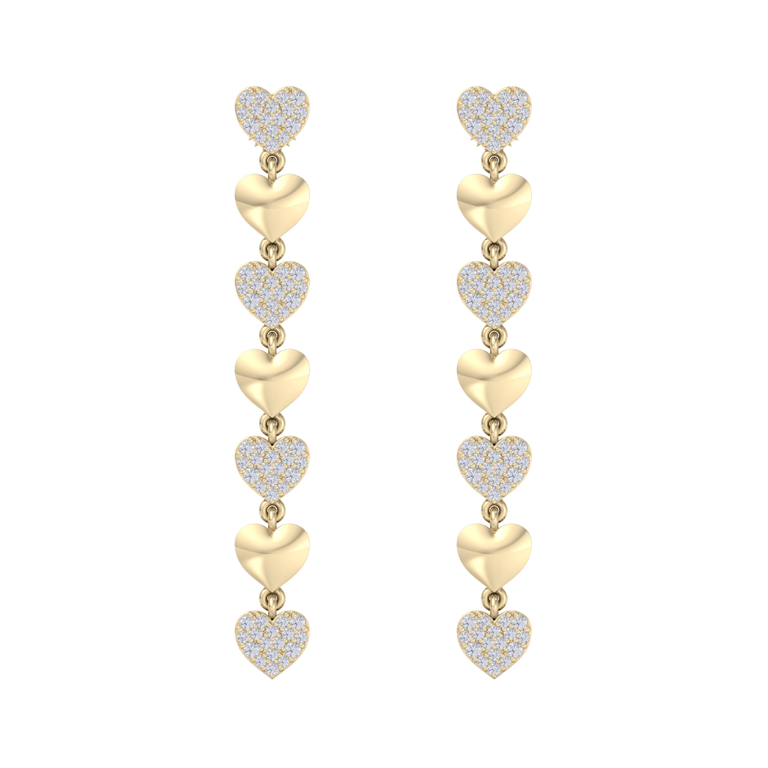 Dangle earrings with gold hearts in yellow gold with white diamonds of 1.01 ct in weight