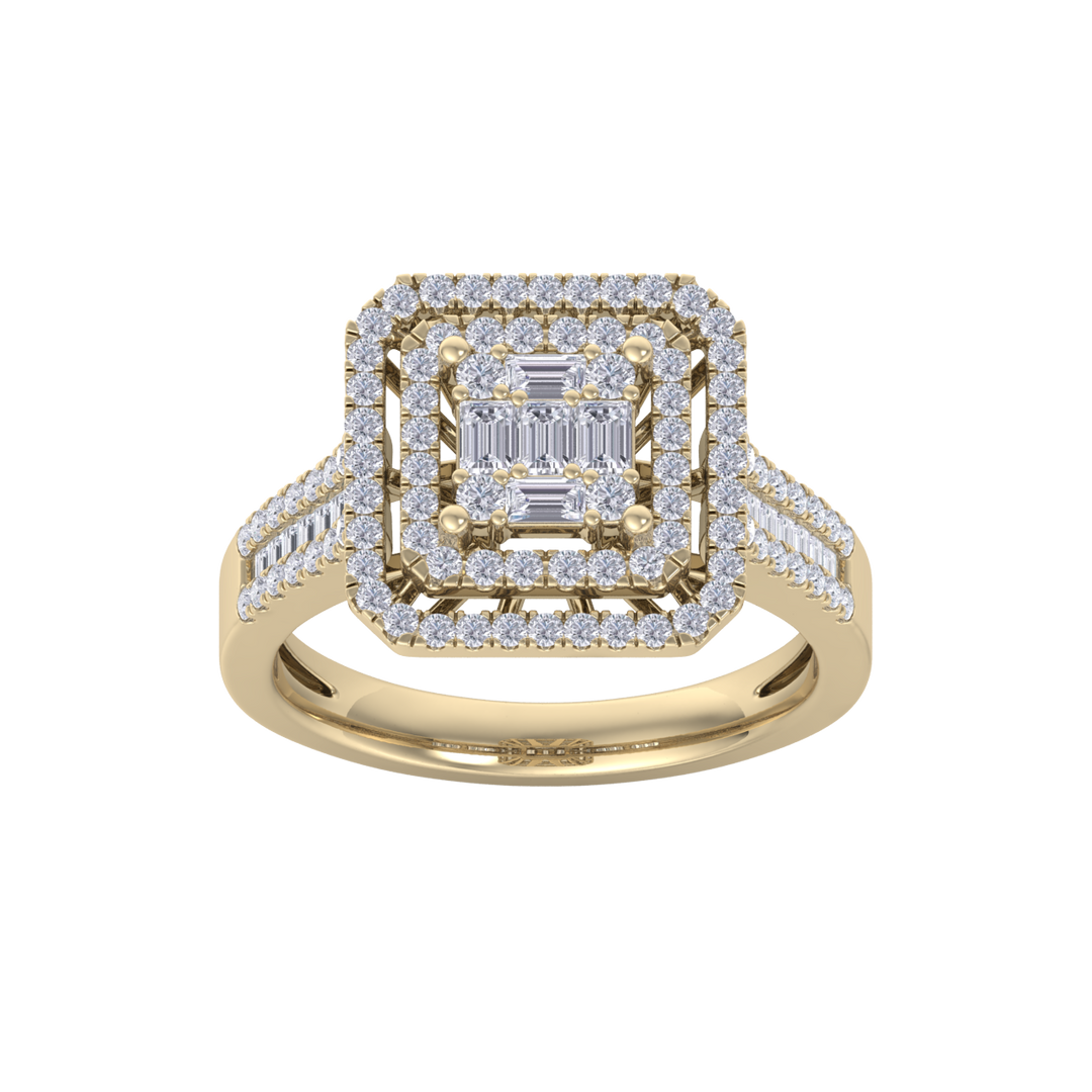 Square cluster engagement ring in yellow gold with white diamonds of 0.68 ct in weight 
