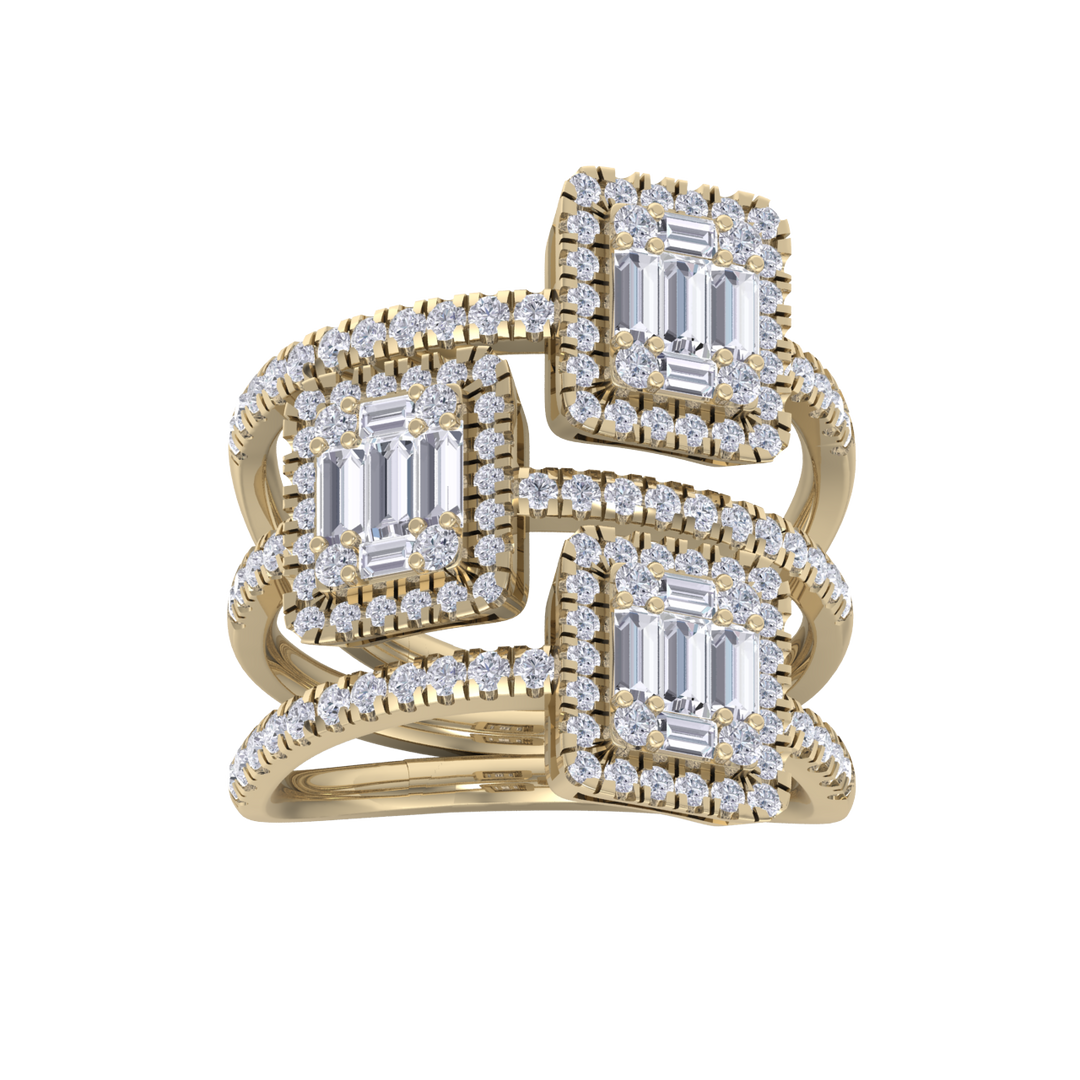 Three band ring in yellow gold with white diamonds of 1.59 ct in weight 