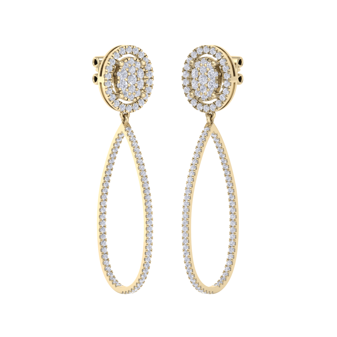 Dangle hoop earrings with hearts in yellow gold with white diamonds of 1.75 ct in weight