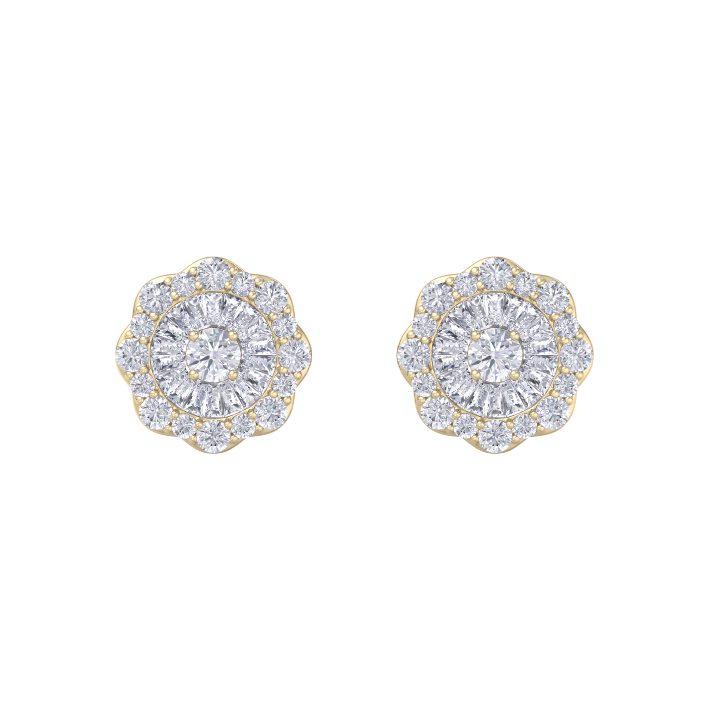 Round shaped stud earrings in yellow gold with white diamonds of 0.65 ct in weight