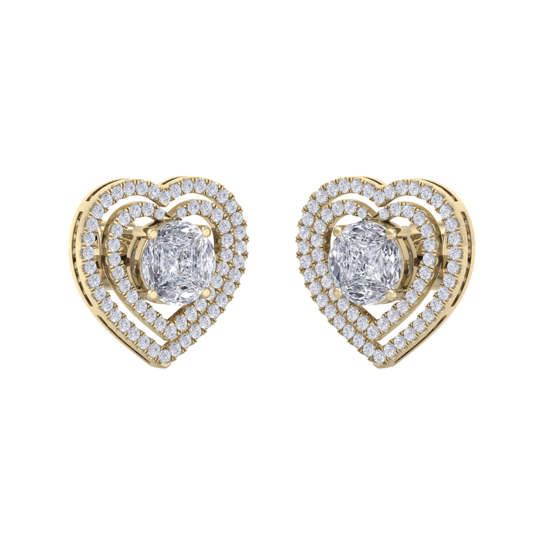 Heart earrings in yellow gold with illusion white diamonds of 0.94 ct in weight