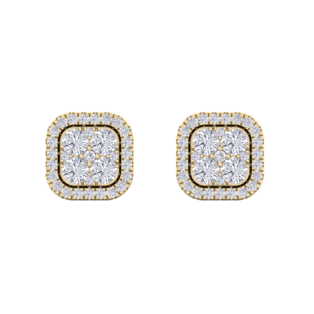 Square cluster stud earrings in yellow gold with white diamonds of 1.00 ct in weight
