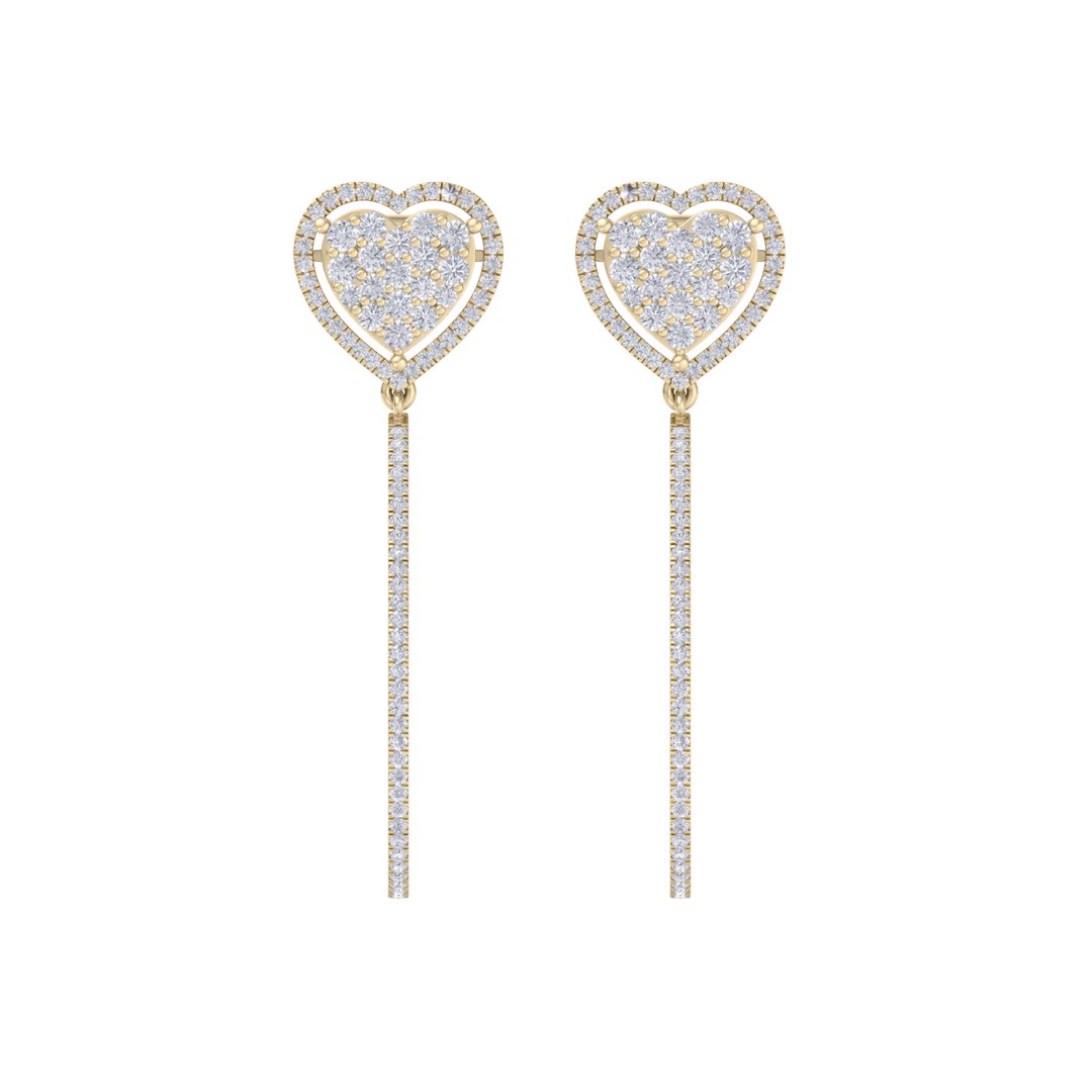 Dangle hoop earrings with hearts in yellow gold with white diamonds of 1.42 ct in weight