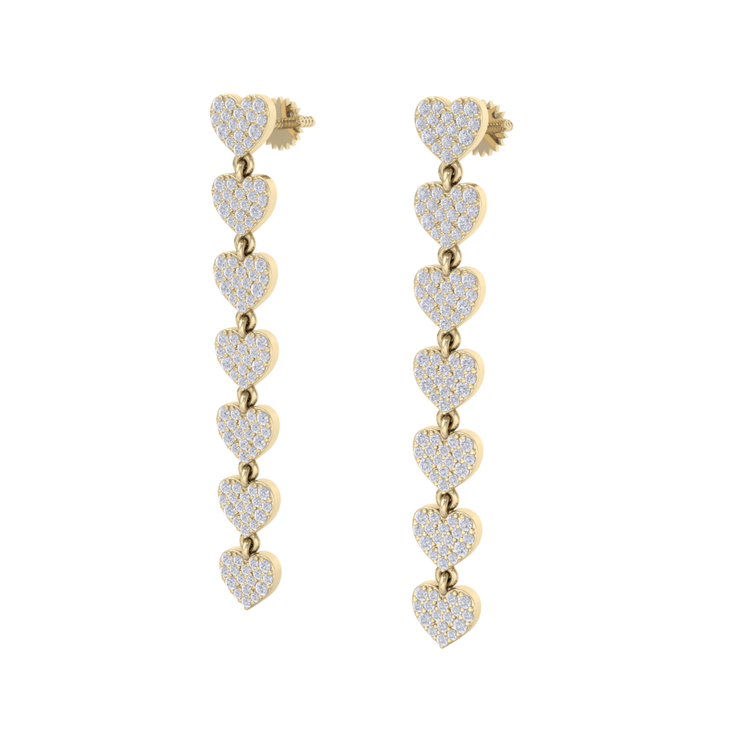 Dangle earrings with hearts in yellow gold with white diamonds of 1.78 ct in weight