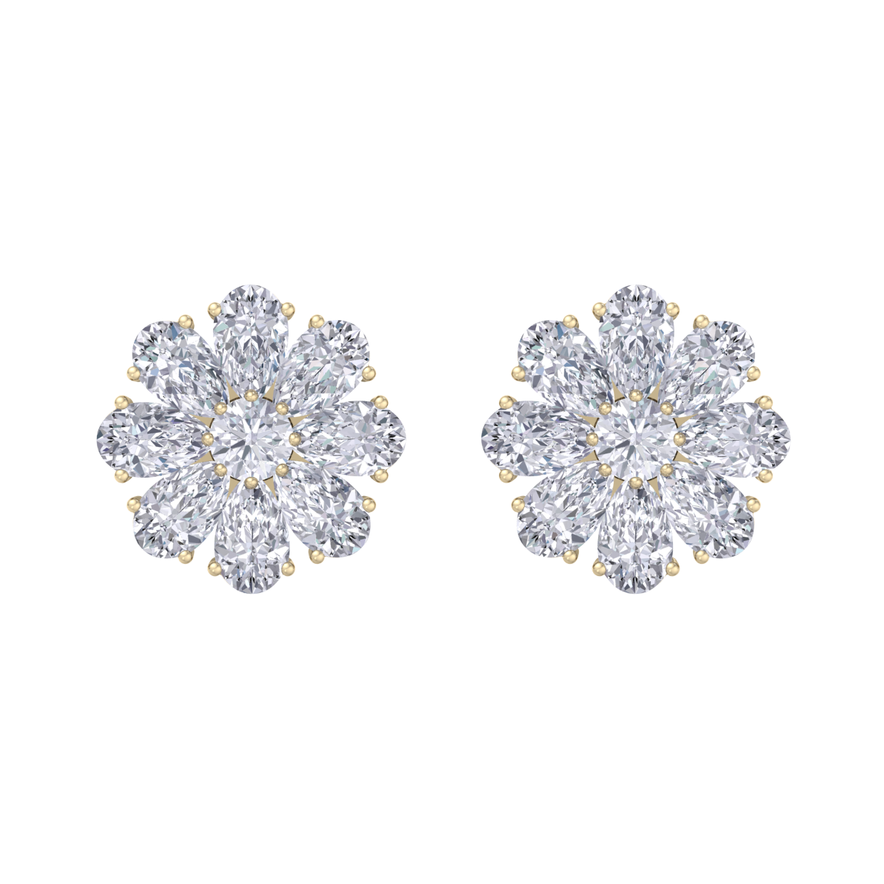 Flower stud earrings in yellow gold with white diamonds of 6.18 ct in weight 