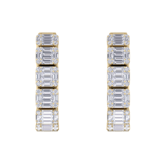 Baguette diamond hoop earrings in yellow gold with white diamonds of 4.56 ct in weight