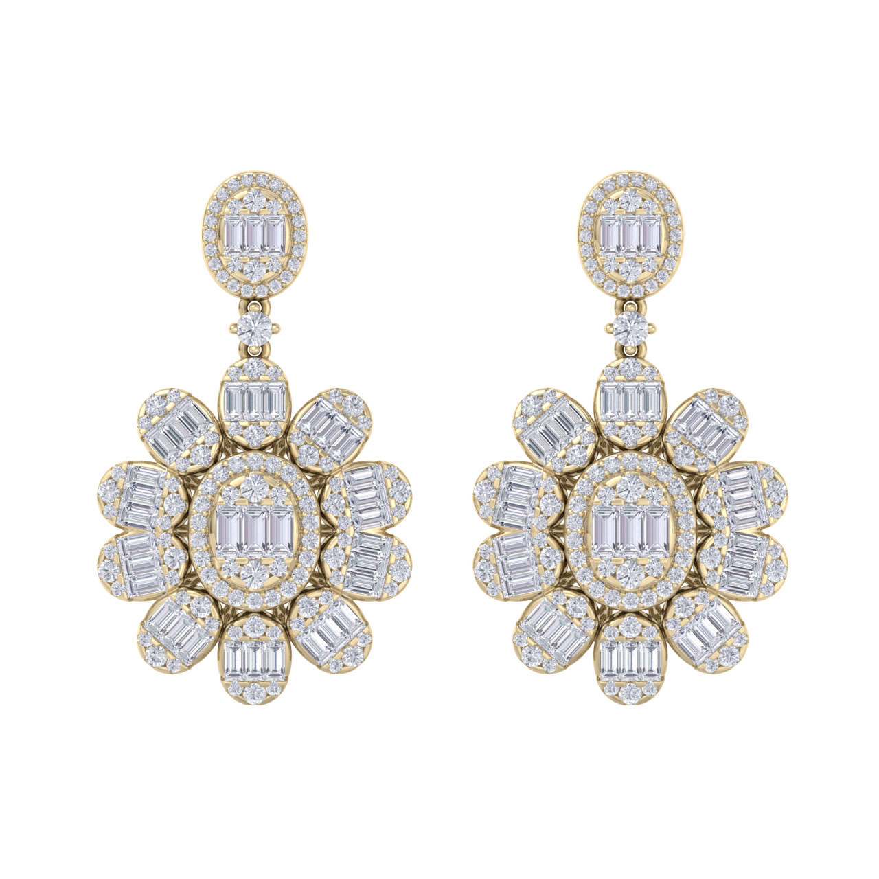 Formal chandelier earrings in yellow gold with white diamonds of 4.12 ct in weight