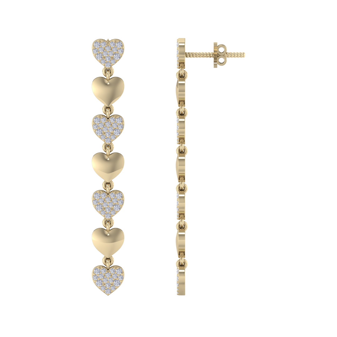 Dangle earrings with gold hearts in yellow gold with white diamonds of 1.01 ct in weight