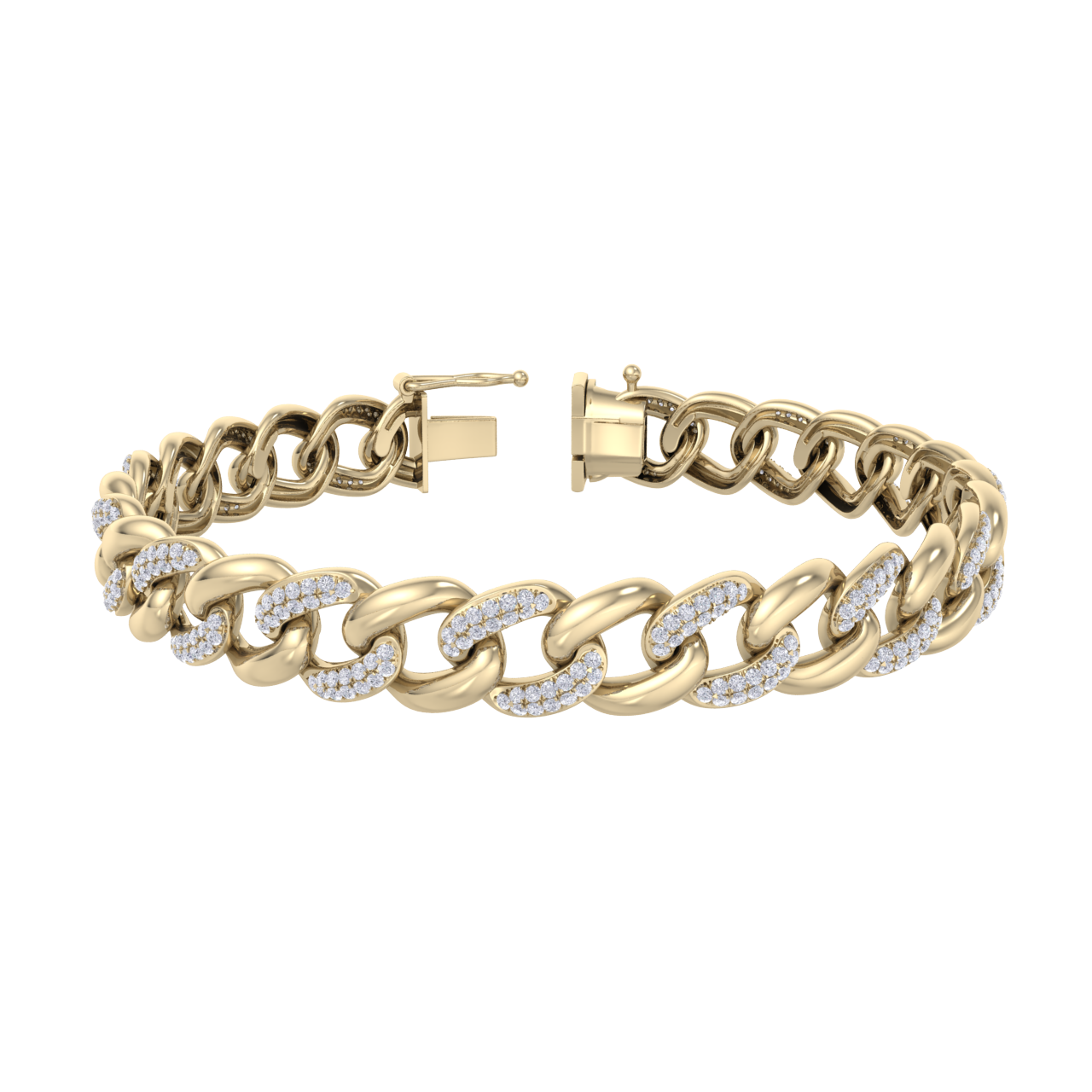 Diamond curb chain link bracelet in yellow gold with white diamonds of 1.82 ct in weight