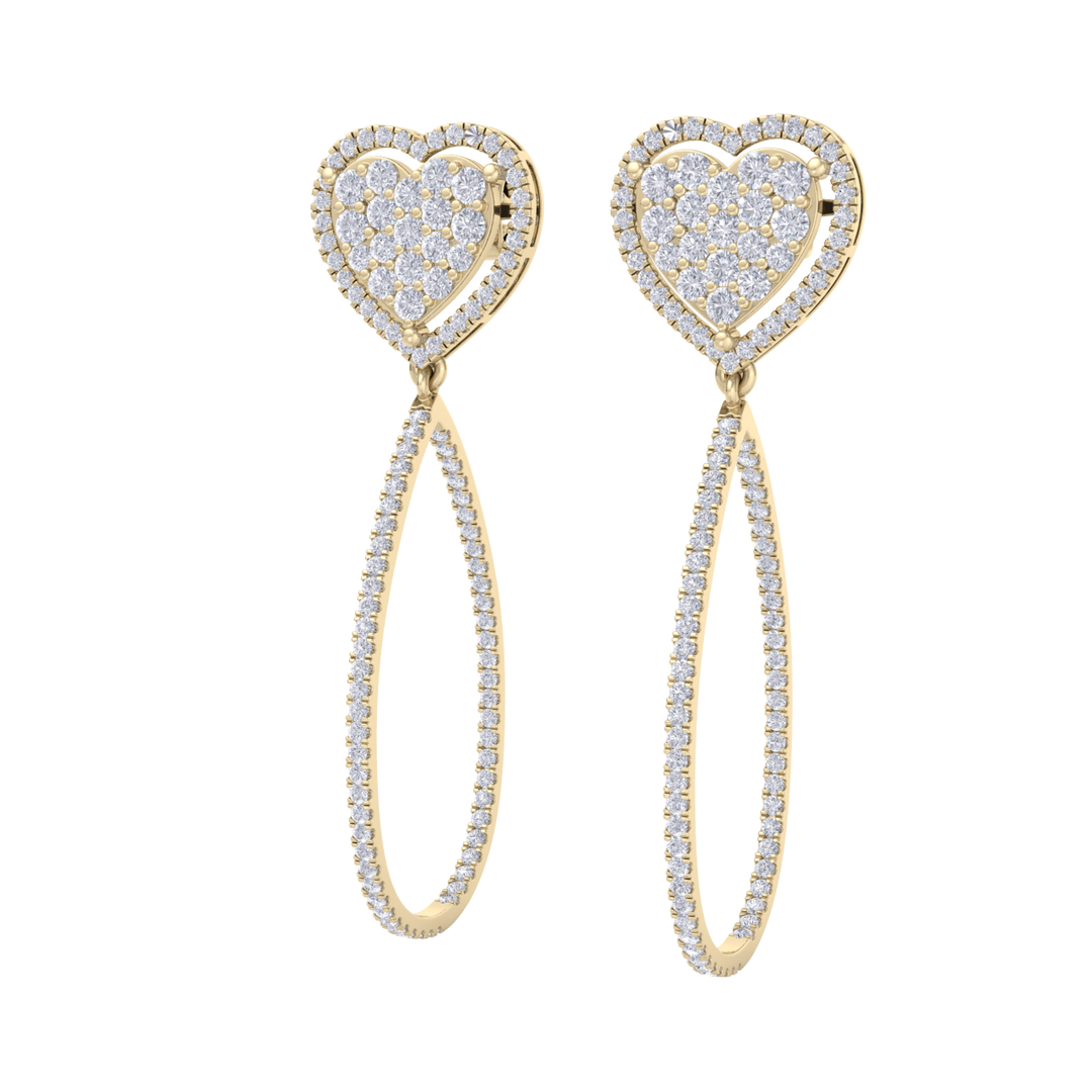 Dangle hoop earrings with hearts in rose gold with white diamonds of 1.42 ct in weight