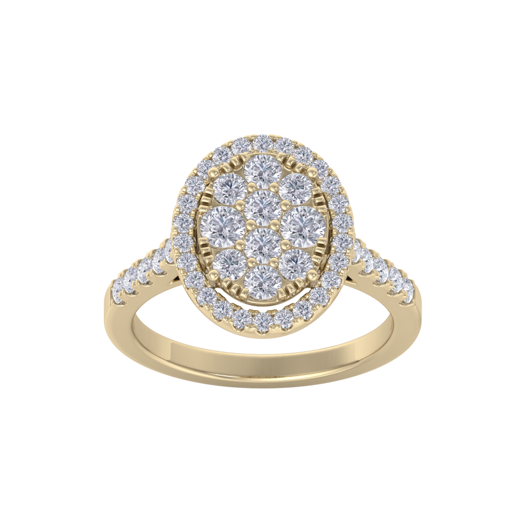 Oval cluster ring in yellow gold with white diamonds of 1.02 ct in weight
