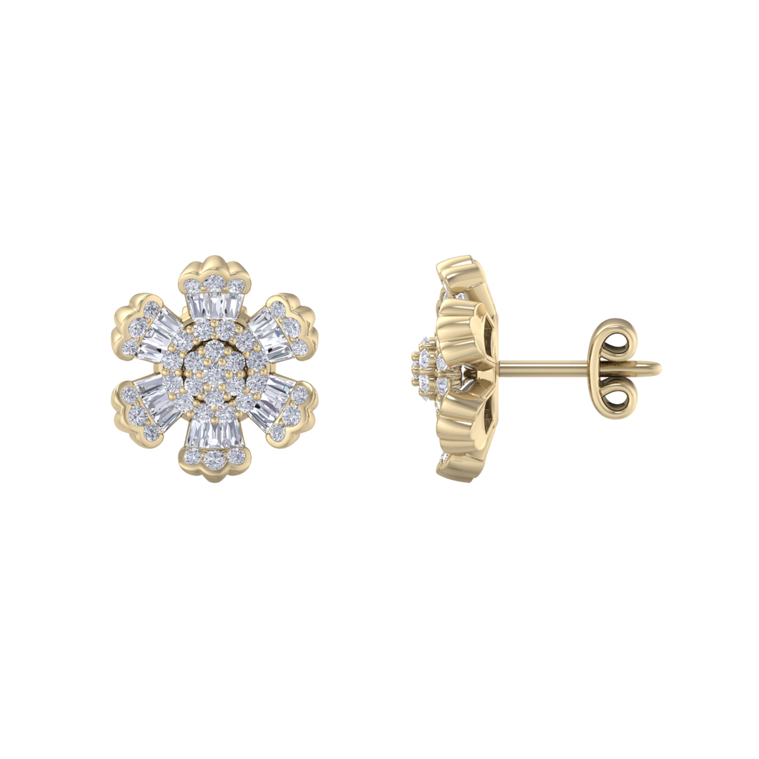 Flower stud earrings in yellow gold with white diamonds of 0.78 ct in weight
