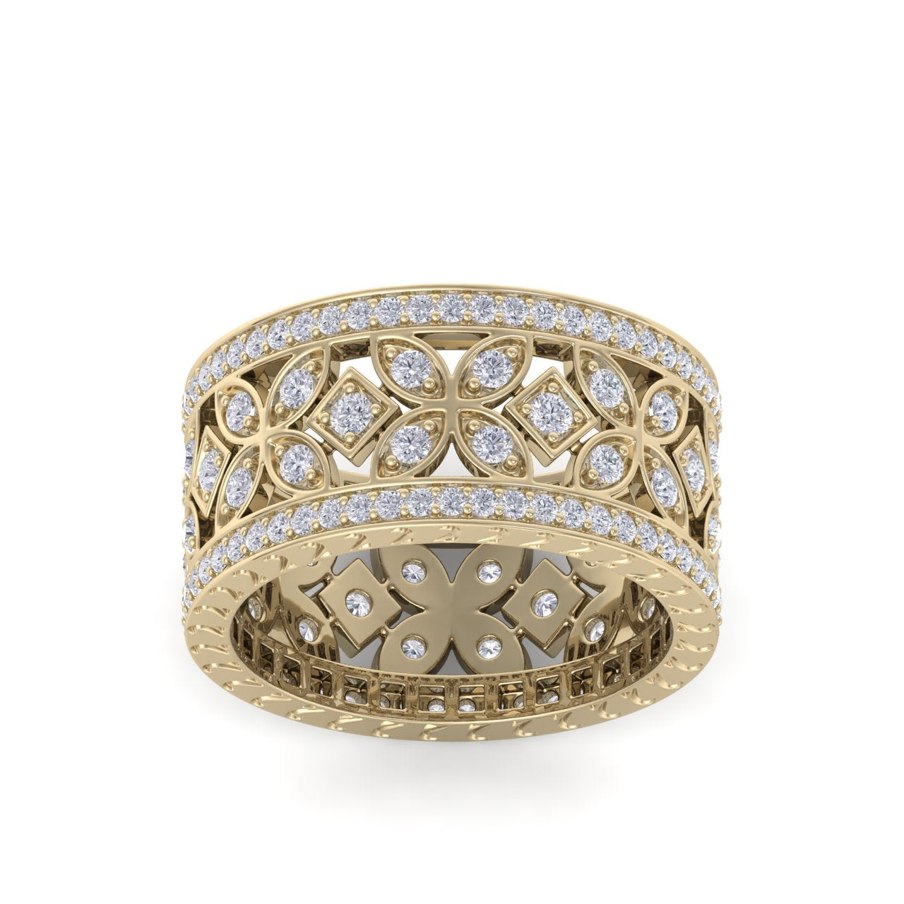 Wide flower ring in yellow gold with white diamonds of 0.91 ct in weight
