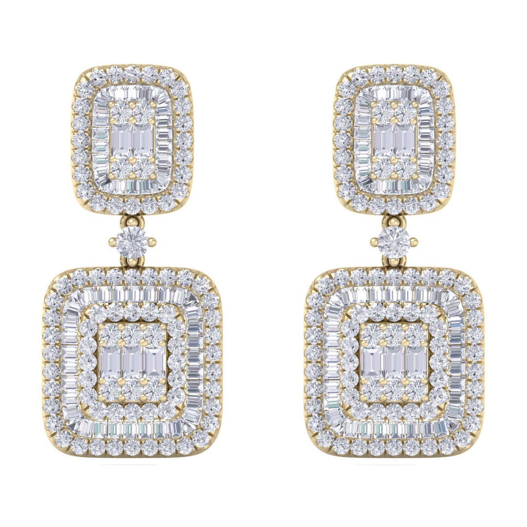 Square drop earrings in yellow gold with white diamonds of 2.00 ct in weight