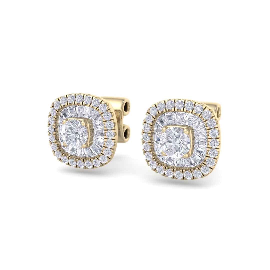 Square halo stud earrings in yellow gold with white diamonds of 0.50 ct in weight