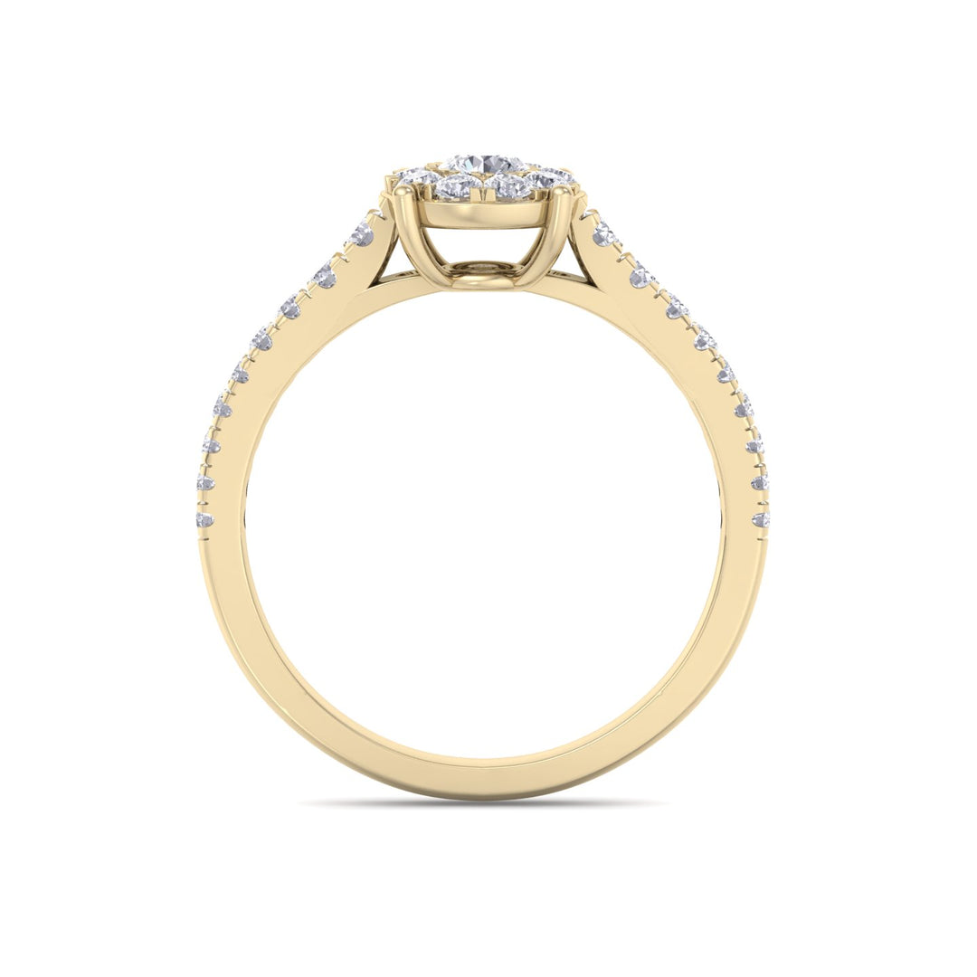 Halo engagement ring with pavé band in rose gold with white diamonds of 0.56 ct in weight