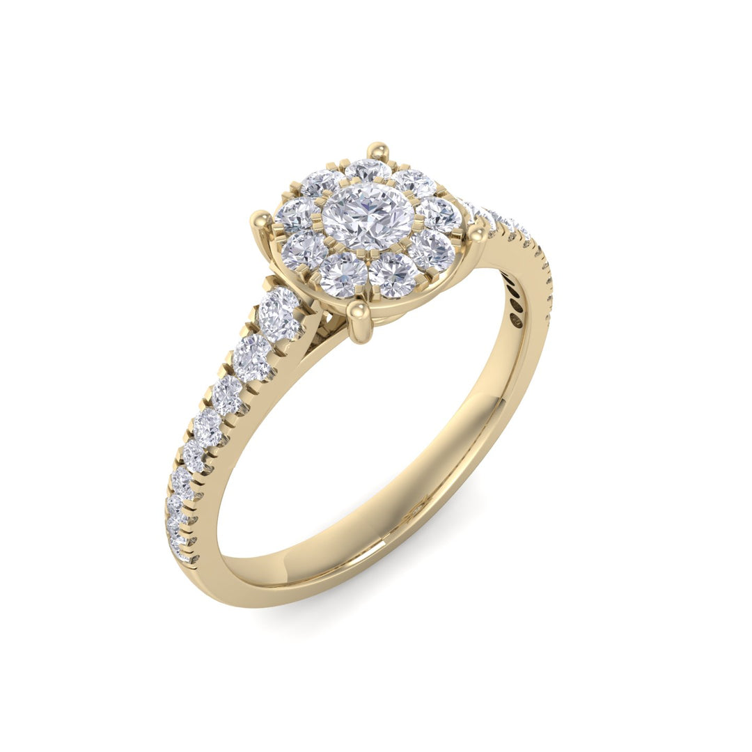 Halo engagement ring with pavé band in white gold with white diamonds of 0.56 ct in weight