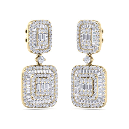 Square drop earrings in yellow gold with white diamonds of 2.00 ct in weight