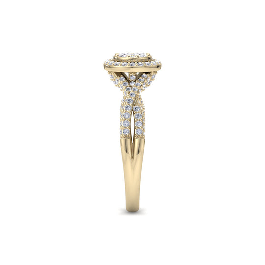 Round cluster engagement ring in yellow gold with petite white diamonds of 0.76 ct in weight