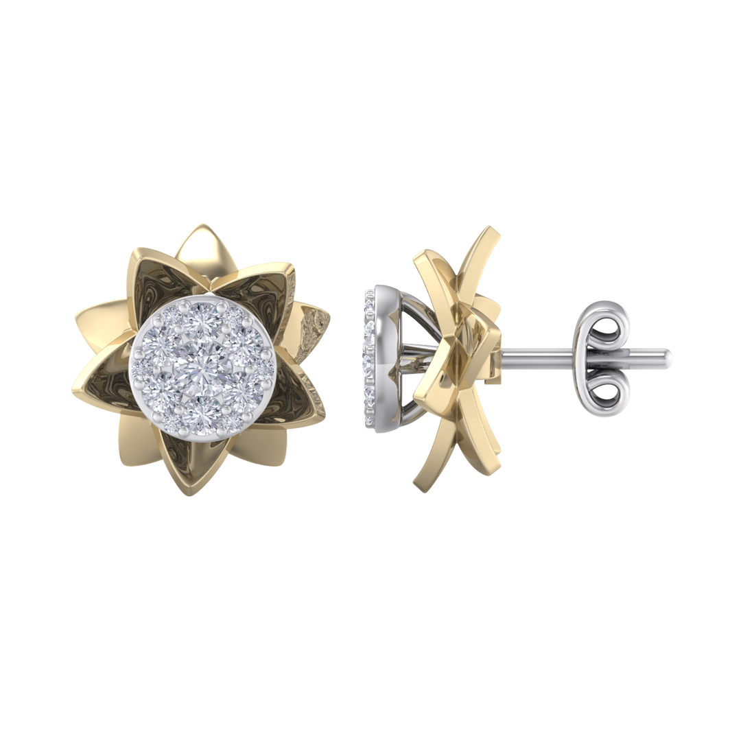 Flower shaped stud earrings in yellow gold with white diamonds of 0.62 ct in weight