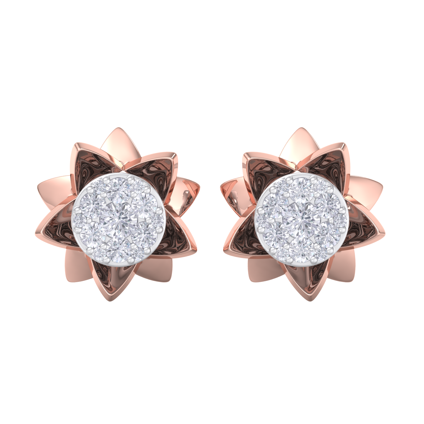 Flower shaped stud earrings in rose gold with white diamonds of 0.62 ct in weight