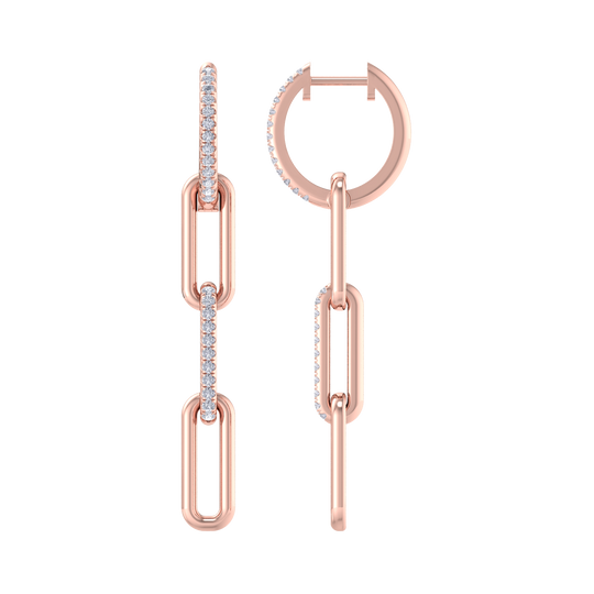 Long diamond chain link earrings in rose gold with white diamonds of 0.34 ct in weight