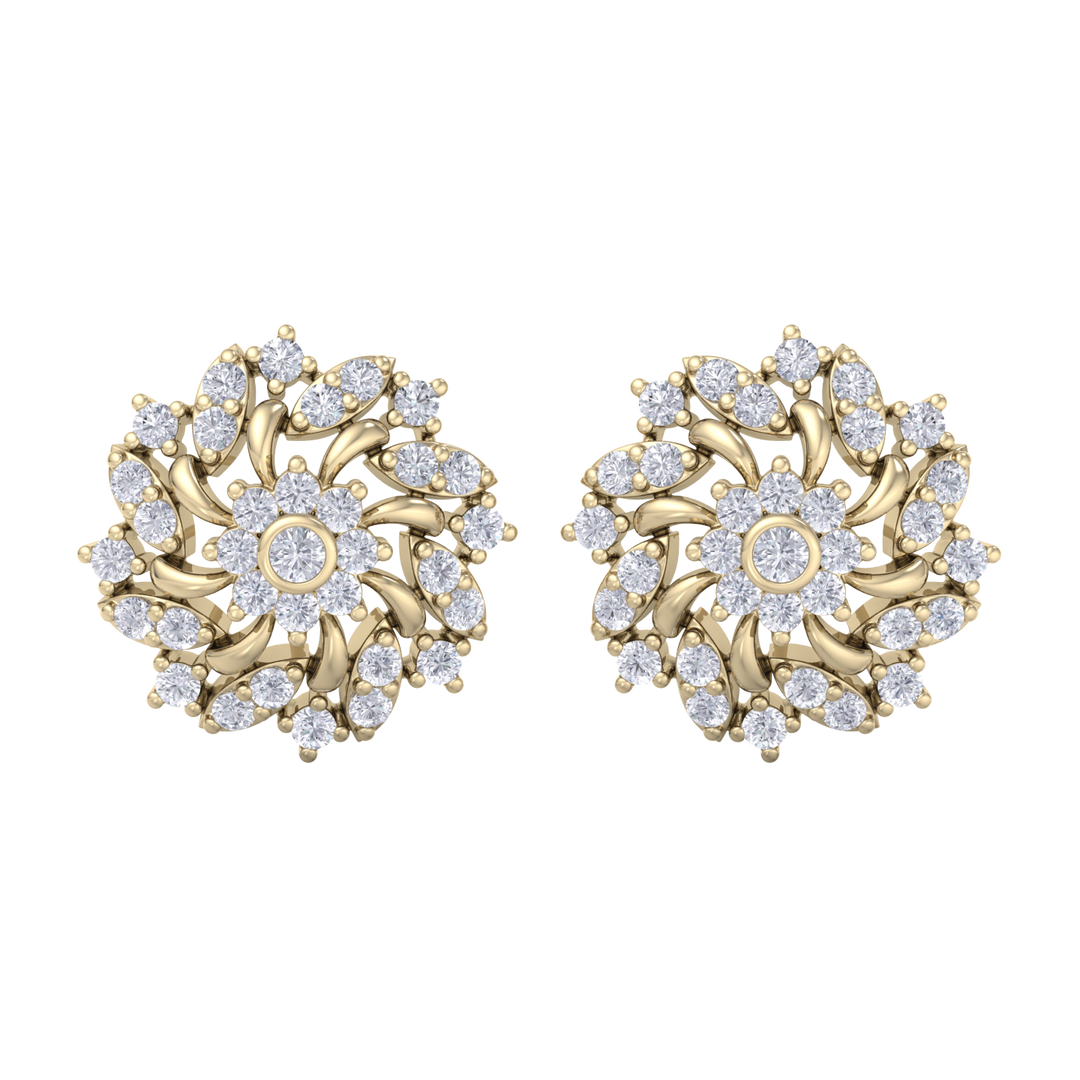 Flower stud earrings in yellow gold with white diamonds of 1.13 ct in weight